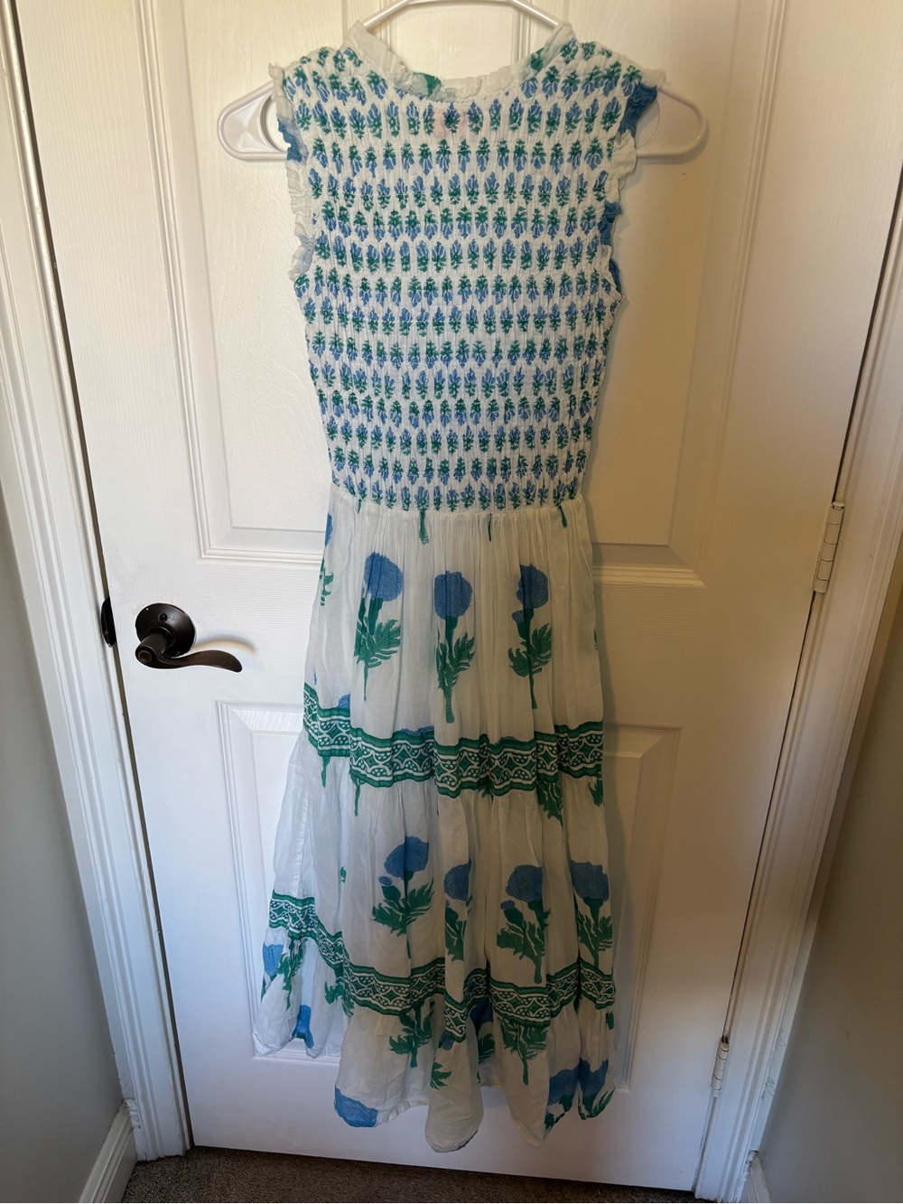 Oliphant White Maxi Dress Blue Green Floral Print Smocked Sleeveless XXS - Picture 4 of 6
